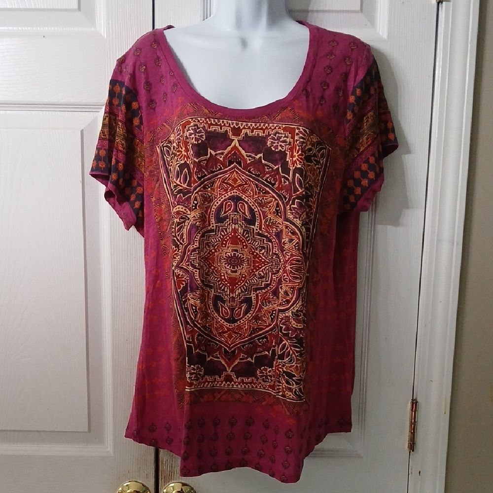 Lucky Brand short sleeve magenta printed shirt Sz 1X NWOT